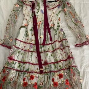 Floral Embroidered White Mesh Kids Dress with Burgundy Trim